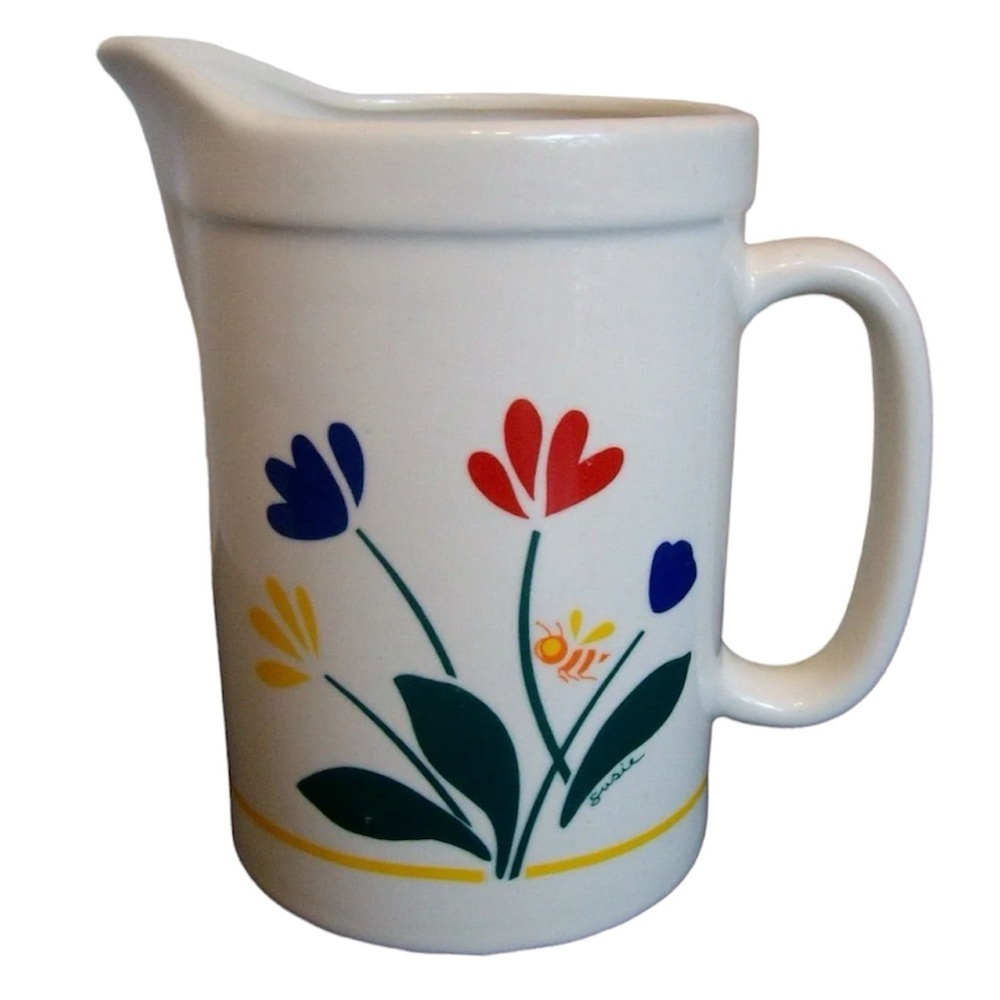 Vintage 1980s Red, Blue, and Yellow Flower Ceramic Pitcher